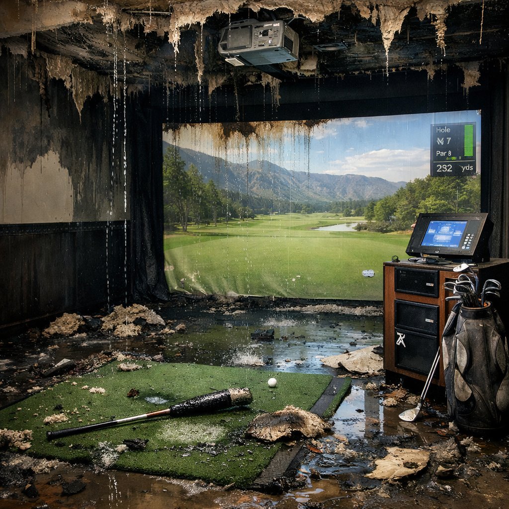 Create a photorealistic picture of a indoor golf simulator after a claim